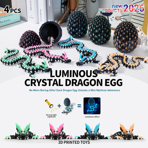 2026 4pcs 3D 3D Easter Gifts for Kids Printed Dragon Egg Glow in The Dark,Cool Crystal Dragon Toys, Print Dinosaur