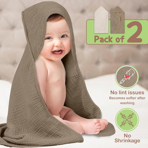 100% 32x32 Inch 2 Pack Organic Cotton Muslin Baby Hooded Towels Soft & Absorbent Hooded Baby Towels For Boys & Girls