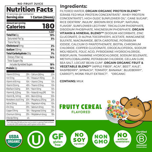 8g 22 8.25 Oz (Pack 12) Orgain Organic Kids Nutritional Protein Shake, Fruity Cereal - Kids Snacks with Dairy Protein
