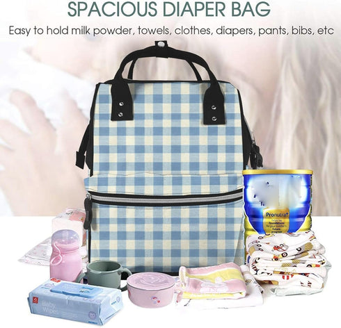 Qewfoju 1 Backpack Dusty blue Gingham Pattern Diaper Bag Multifunctional Baby Bags for Baby Girls & Boys Large Capacity
