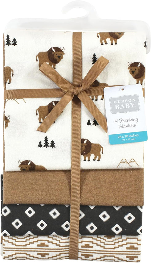 Set Hudson Baby Unisex Cotton Flannel Receiving Blankets - Wild Buffalo, One Size