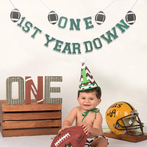 Football 1st Year Down Banner - First Birthday Party Decorations, Super Bowl Sports Party Personalized Theme Banner