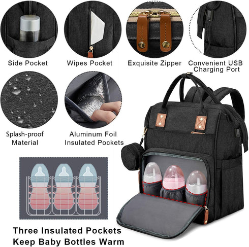 Yeerovan Backpack Mommy Backpack (3037-Black) Baby Diaper Bag with Changing Station Travel Bags Boys Girls