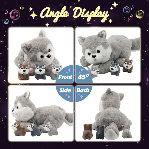 Hopearl LED Musical Stuffed Husky - Singing Plush Toy Playset with 3 Baby Puppies, 17''