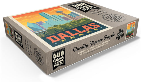 MyPuzzle Dallas, Texas: Sunset Skyline Vintage Poster, Premium 500 Piece Jigsaw Puzzle for Adults