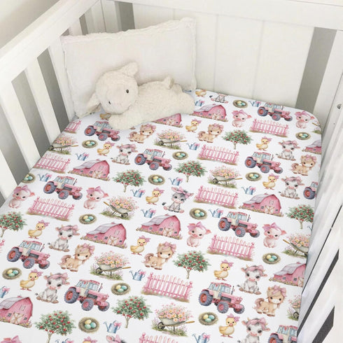 Selgkds Pink Farm Animals Baby Crib Sheets for Girls Barn Pig Duck Cow