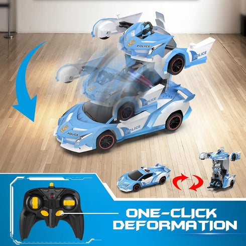 Transforming Police Car RC Toy, 1:18 Scale with Flashing Lights, 360° Rotation for Kids Age 4-12