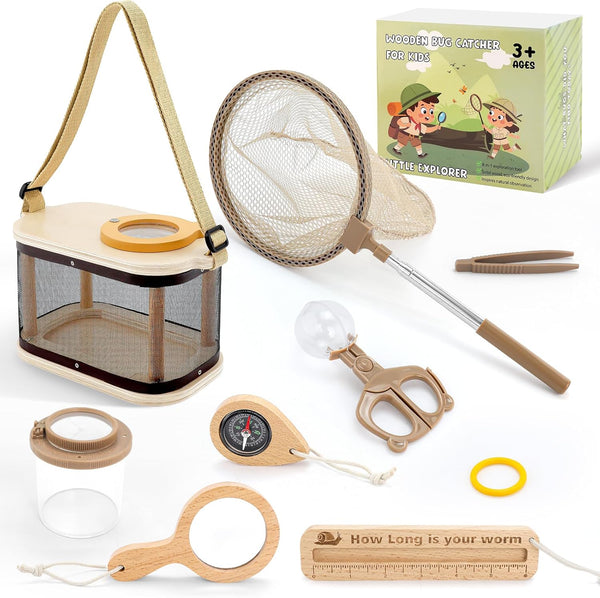 Wooden Bug Catcher Kit for Kids, Outdoor Explorer Nature Discovery Set with