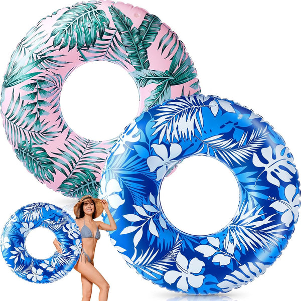 2 Pcs Large Float Tube 47.24 Inches, Inflatable Pool Floats Jumbo Tropical Leaves Pool Tube for Adults Kids Summer