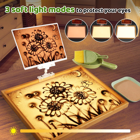 AtMini Sand Painting Light Box, Wooden Sand Art Table for Kids with 10 Cards, Sand Sensory Toy (11×16×1 in)