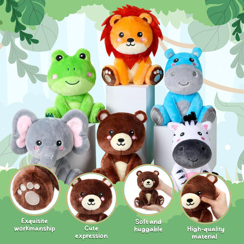 RoundFunny 6 7 Inch Pcs Forest Animals Toys Zebra Lion Hippo Bear Elephant Frog Large Stuffed Animals Bulk for Woodland