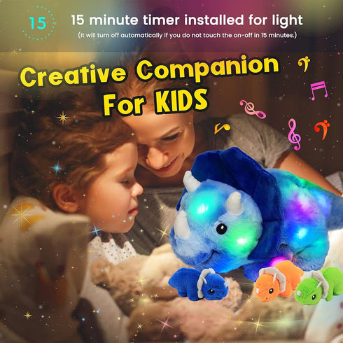Hopearl LED Musical Stuffed Dinosaur Playset - Mommy Triceratops with 3 Babies, Adjustable Volume Lullaby, Gifts for