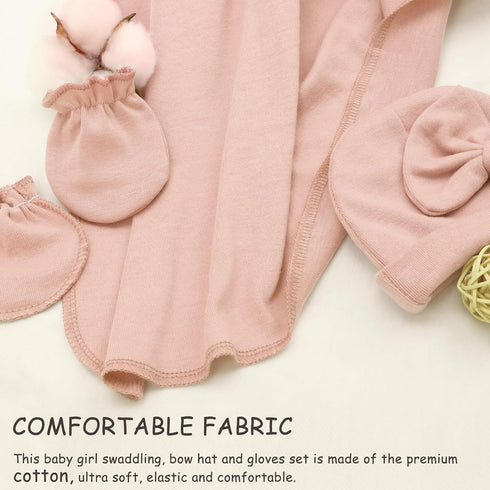 Set DRESHOW BQUBO Newborn Receiving Blanket Bow Hat Gloves Cotton Warm Baby Swaddle Blanket Wrap Baby Sleep Sack Shower