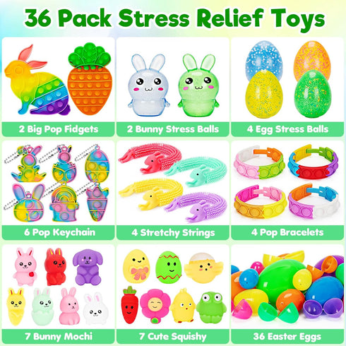 36 Pack 4 Prefilled Easter Eggs with Toys, Bulk Mix Sizes Plastic Easter Eggs with Toys Inside, Surprise Eggs