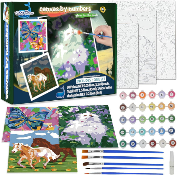 Paint-by-Numbers for Kids Ages 8-12, Acrylic Paint Set with 3 Canvas, 30 Pots, 5 Brushes, Horse Theme