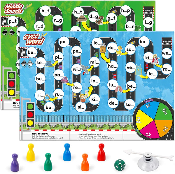 Educational Phonics Board Games for Kids, CVC and CVCC Reading and Spelling Games for Ages 4-6, Family Fun