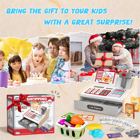 2-4 4-8 maysida Rechargeable Wooden Kids Cash Register with Scanner, Pretend Play Cash Register Toy with Fake Money