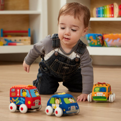 Melissa & Doug K's Kids Pull-Back Vehicle Set - Soft Baby Toy Set with 4 Cars and Trucks
