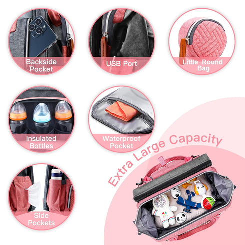 Backpack ISMGN Diaper Bag with Changing Station, Large Diaper Bag, Baby Bag, Multifunctional Diaper Bag, Pinkgray