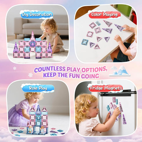 Windidi 2 3-5 4-8 8-12 Magnetic Tiles Princess Toys, Princess Castle Travel Magnetic Blocks with Metal Box & Dolls