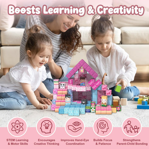 ADAH 216PCS 4-8, 3-6 Magnetic Building Blocks for Girls, Pink Princess STEM Toys for Ages Creative Educational Building