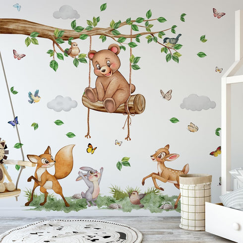 Tuitager L Large Tree Wall Decals with Woodland Animals, Peel and Stick Wall Stickers for Baby Room, Removable Nursery