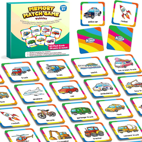 Memory Game for Kids, Vehicle 48 Pcs Toddler Card Games for Ages 3-6, Educational Flash Cards
