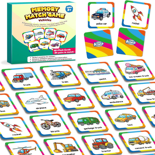 Memory Game for Kids, Vehicle 48 Pcs Toddler Card Games for Ages 3-6, Educational Flash Cards