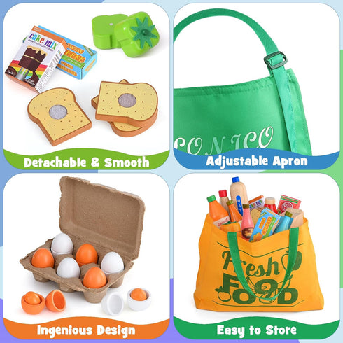 3 4 5 6 Lonico Wooden Play Food Toys for Kids, Market Grocery Store Toys with Snack & Shopping Bag & Apron