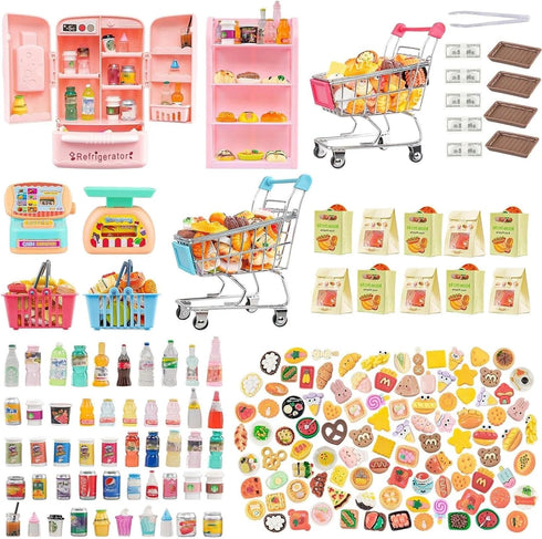 180 Pcs Dollhouse Furniture Miniature Kitchen Accessories Mini Shopping Cart Metal Trolley