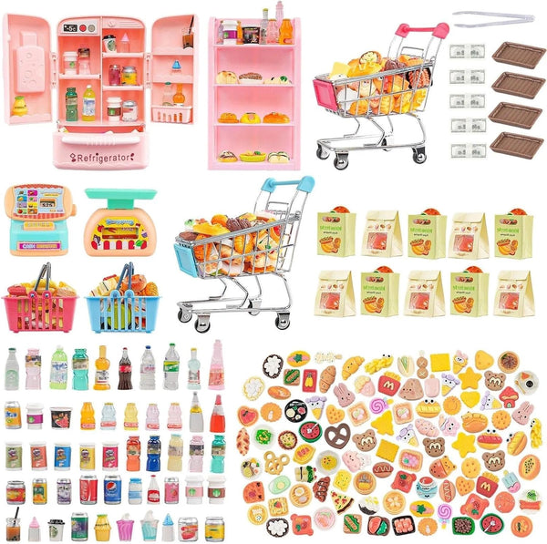 180 Pcs Dollhouse Furniture Miniature Kitchen Accessories Mini Shopping Cart Metal Trolley