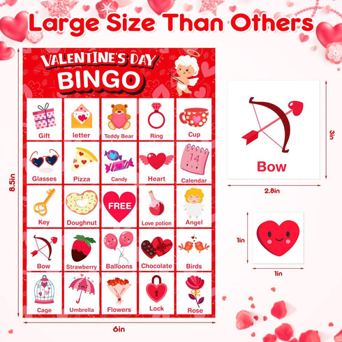 Valentines Day Large Size Bingo Game Card for Kids/Adults - 24 Players, Valentine Party Favor