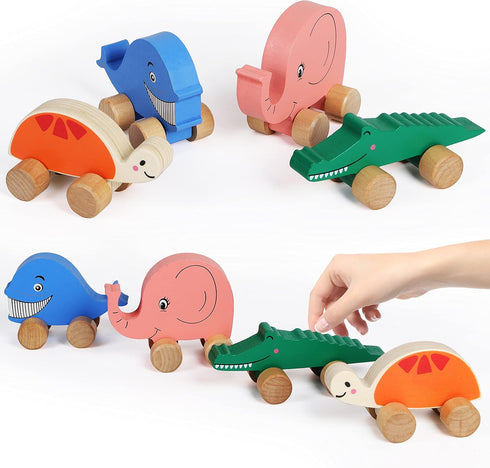 TOWO Wooden Cars for Toddlers, Animals on Wheels, Sensory Grasping Motor Skill Toy for Babies 12 Months+