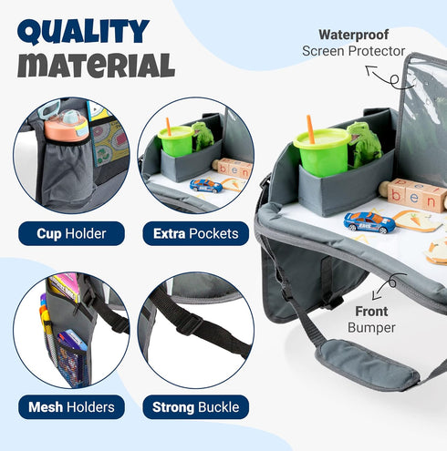 Kids Travel Tray with Dry Erase Board - Car Seat Tray for Kids Travel, Carseat Table Top for Toddler, Lap Desk for Car