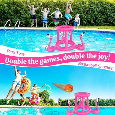 Pool Floats Toys Games Set, 2-in-1 Floating Pool Basketball Hoops & Ring Toss Game for Kids
