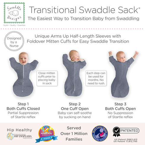 3-6 14-21 lb, SwaddleDesigns Transitional Swaddle Sack, Arms Up Half-Length Sleeves & Mitten Cuffs, Swaddle for Newborn
