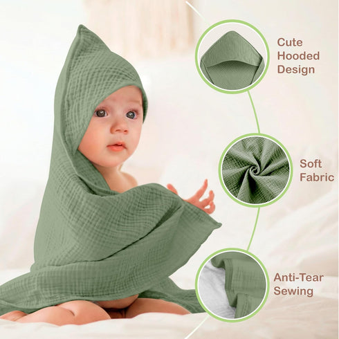 100% 32x32 Inch 2 Pack Organic Cotton Muslin Baby Hooded Towels Soft & Absorbent Baby Hooded Towel Wrap for Boys