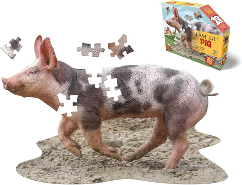 Madd Capp Lil' Pig 100 Piece Jigsaw Puzzle for Ages 5 and Up, Unique Animal-Shaped Border with Fun Facts