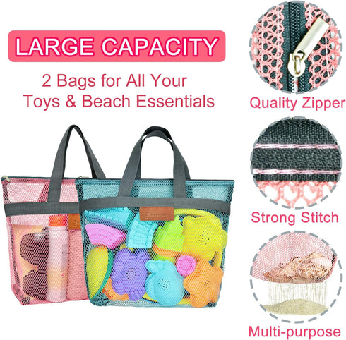 2 Set Collapsible Beach Sand Toys for Kids - Travel Beach Toys with Collapsible Beach Buckets, Mesh Bags, Sand Castle
