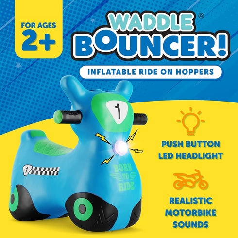 WADDLE Bouncy Hopper Inflatable Hopping Animal Scooter for Toddlers and Kids, Pump Included (Blue Zoomer)