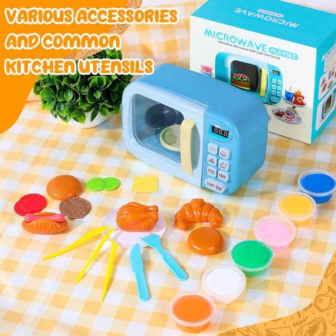 Set 6 3 Microwave Kitchen Play with Light Sound for Kids with Pretend Fake Food and Color DIY Play-Dough Clay Great