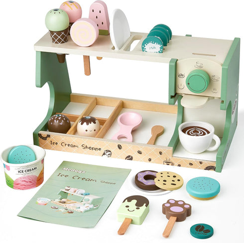 medoga Wooden Ice Cream Toy, 3-in-1 Ice Cream Counter with Coffee Maker 28