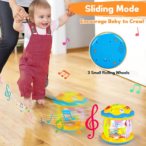 Musical Rotating Light Up Infant Toys, Early Learning Baby Crawling Drum Toy, Tummy Time Educational Gifts for 1-3 Years