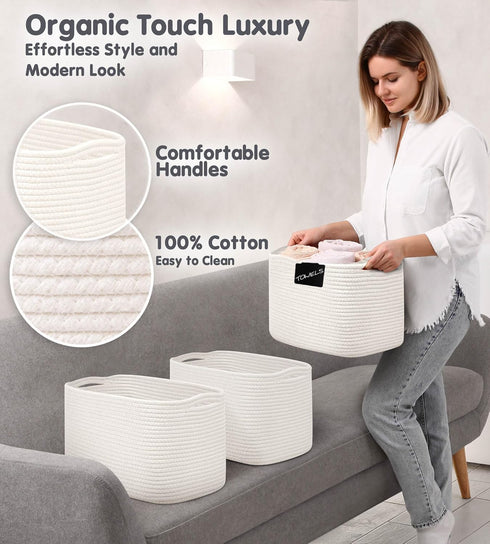 CHAT BLANC Cotton Rope Baskets for Organizing, Small Laundry Baskets, Woven Storage Bins, Creamy White 3 Pack