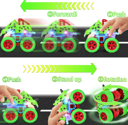 TQBYNJ 2-4 360 Monster Truck Toy for Toddlers Aged - Light Up Dinosaur Car for Kids - with LED Flash and Rotating Stunt