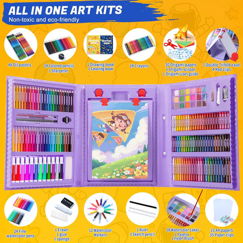 All in One Art Supplies with Trifold Easel, Art Set with Drawing Kit, Coloring Book, Paper Cutting, and Origami Kit