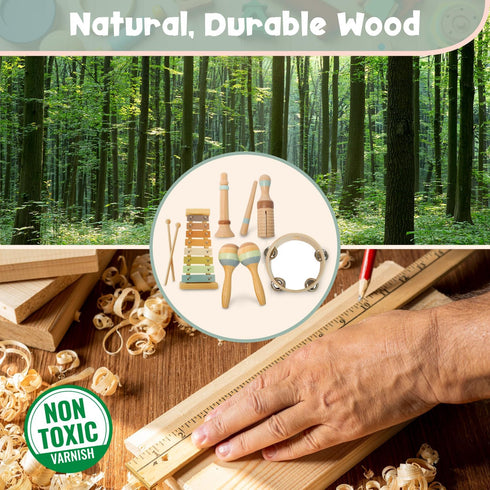 Stoie's Wooden Toddler Musical Instruments with Xylophone, Maracas, Triangle, Tamburine for Babies and Kids, Eco