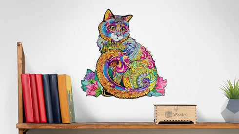Wooden Jigsaw Puzzle - Cat Animal-Shaped Fantasy Puzzle, 208 Unique Pieces, Size King (17.7" x 16.9")