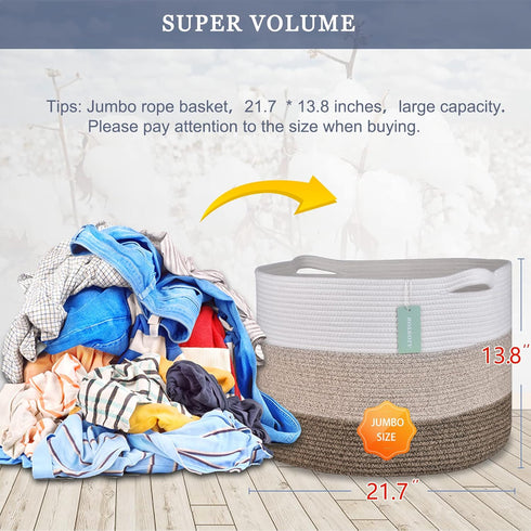 Extra Large Blanket Basket 87L - Cotton Rope Laundry Basket for Baby Nursery, Large Clothes Basket, White & Brown