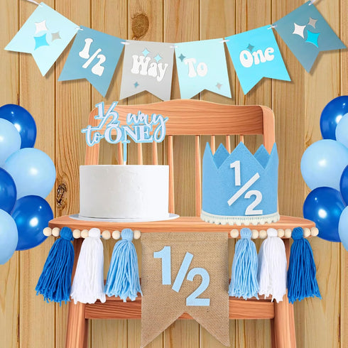 Vnysh 1/2 4PCS 6 Set 1/2 6 Birthday Boy Half Birthday Decorations Blue Month Party with Way to One Banner, Halfway High